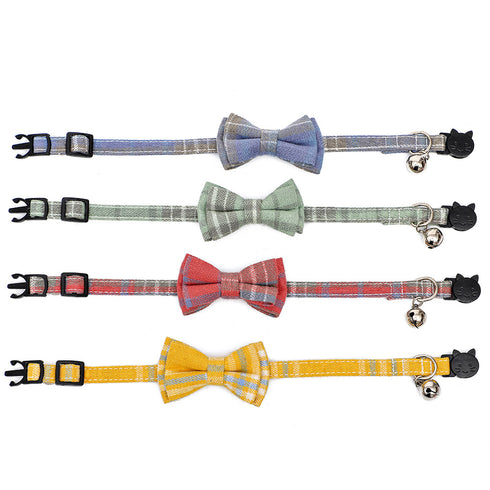 Cotton Cat Collar Plaid Bow Tie with Bell