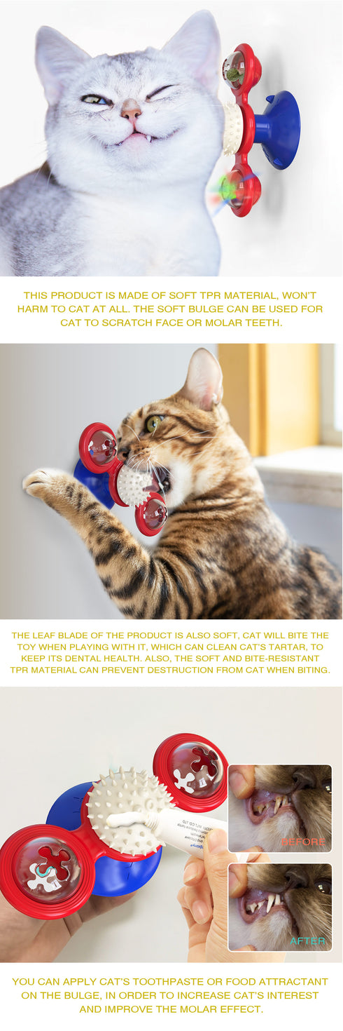 Windmill Cat Toy Built-in Rotating Led Light and Suction Cup Base