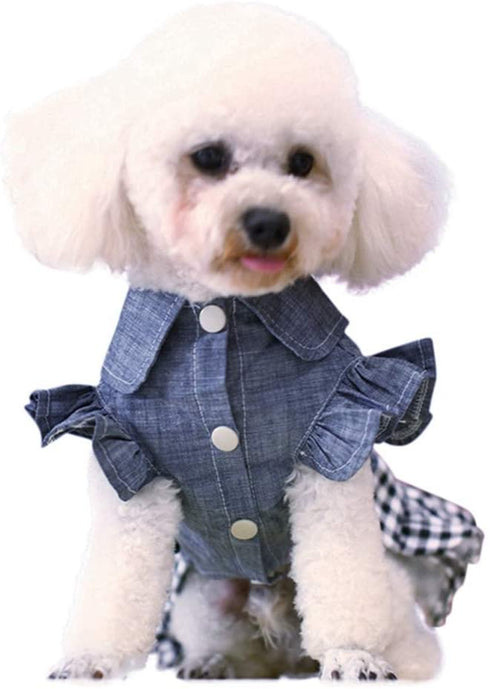 Denim Dress for Girls Dog Cat with Puff Sleeve Bowknot