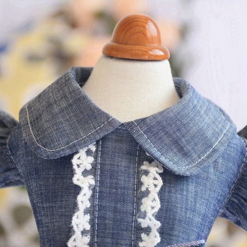 Denim Dress for Girls Dog Cat with Puff Sleeve Bowknot