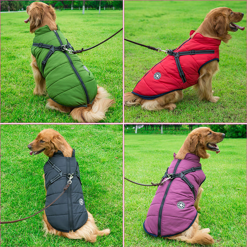 Large Pet Dog Jacket With Harness Winter Warm Dog Clothes